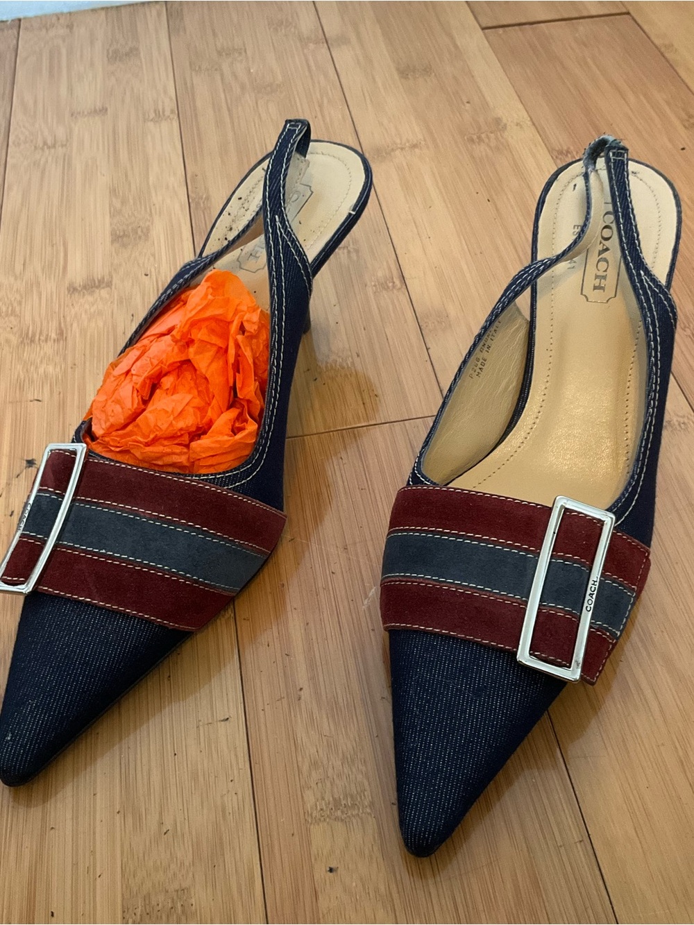Vintage Coach Navy Pointed-Toe Slingback Mules with Burgundy and Gray Straps